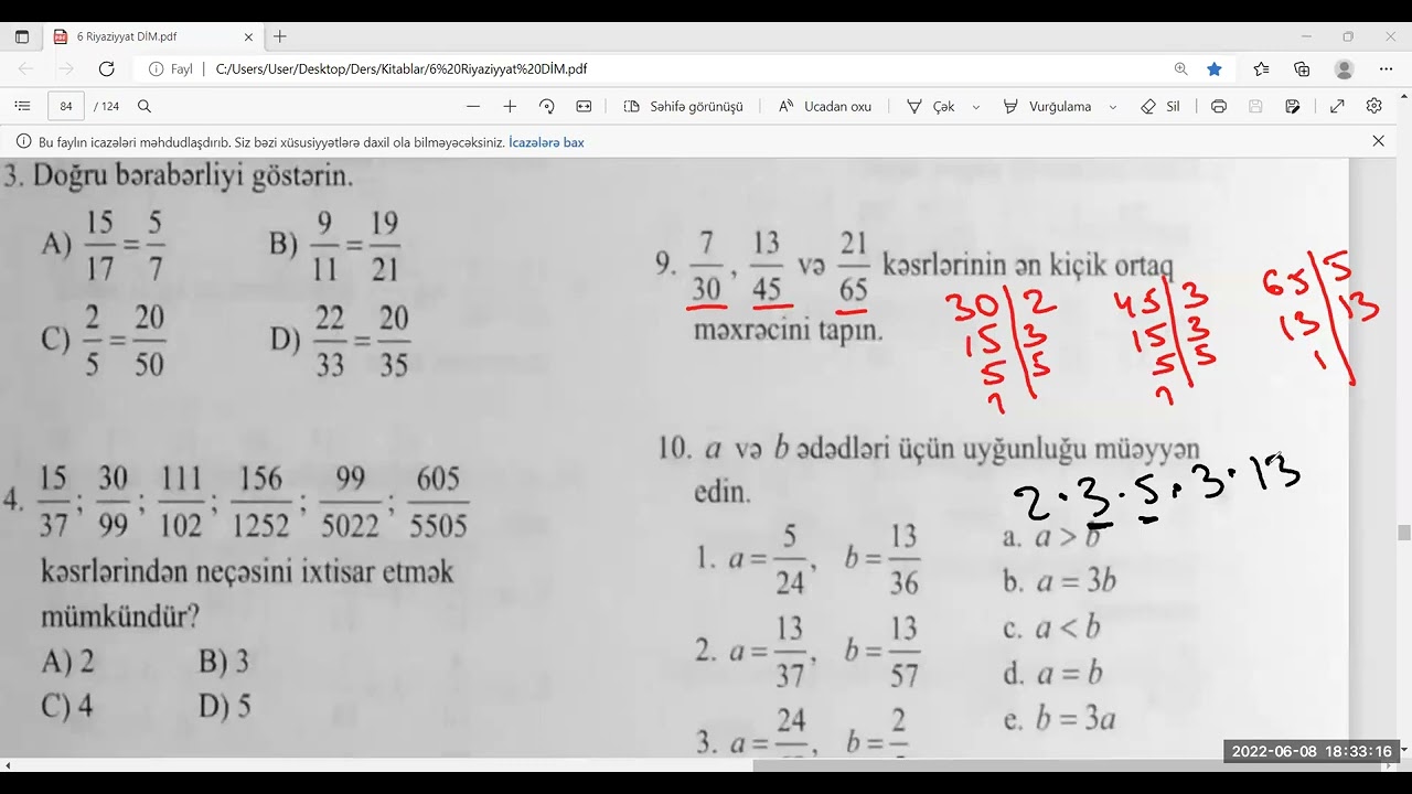 6-ci sinif DİM səhifə  162, 163, 164, 165  Adi kəsrlərin müqayisəsi  Arzu Yaşarqızı (050-543-89-99)