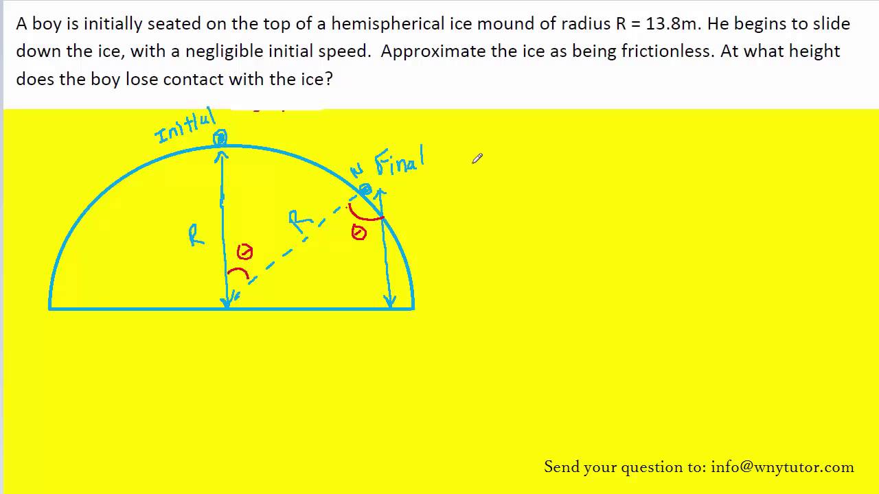 A boy is initially seated on the top of a hemispherical ice mound of radius R = 13.8m. He begins to