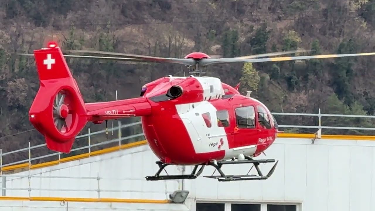 Eurocopter H145 MBB BK117 D-3  HB-TIJ Rega takeoff Sion airport Valais Switzerland 16.03.2026