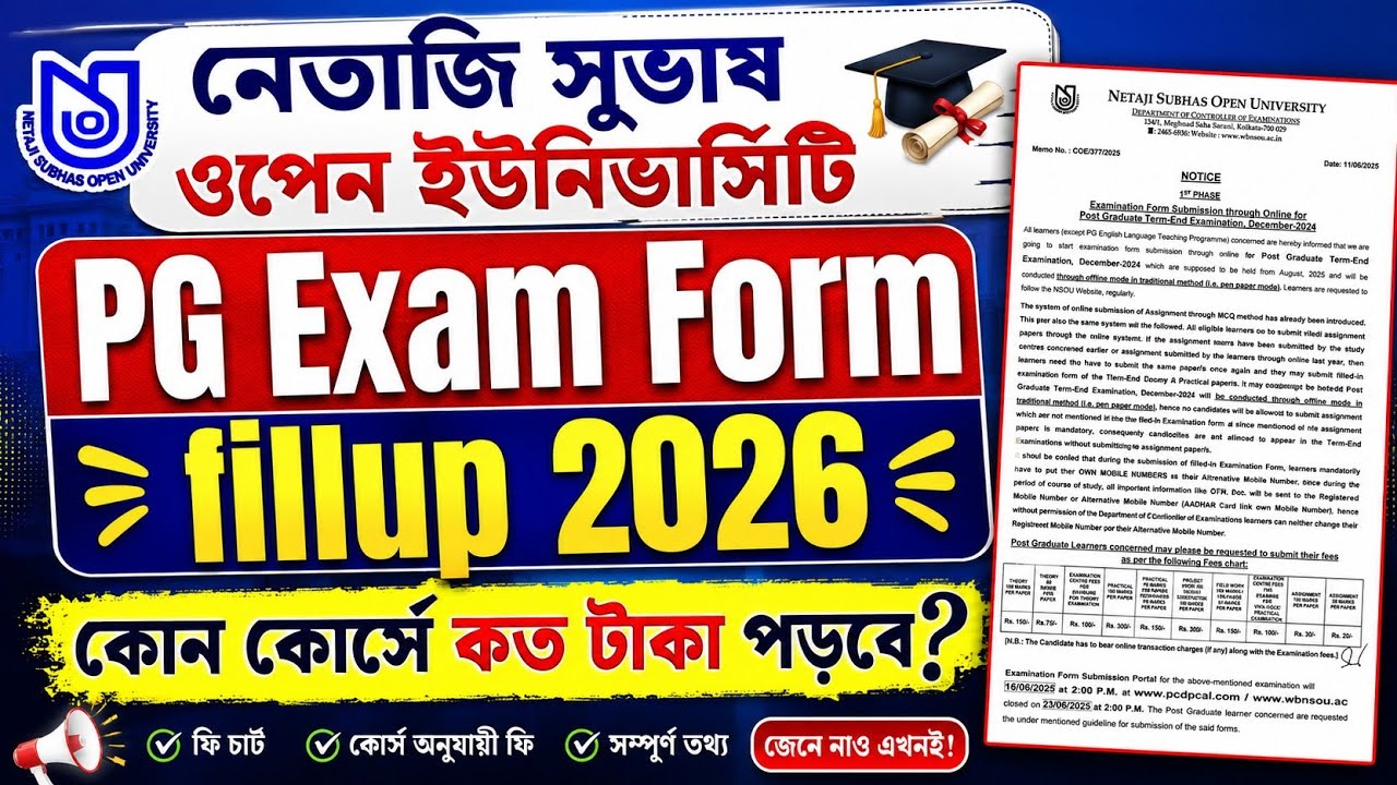 NSOU PG Exam Form 2026 | MA, M.Sc, M.Com কোন কোর্সে কত Exam Fee?#nsoufinalexam 