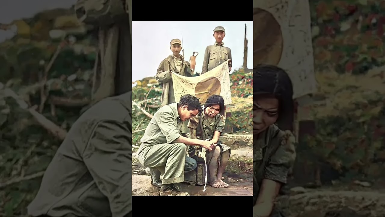 1944年，松山战役期间，美国大兵正在为一名刚被解救出来的女子包扎伤口。女子光着脚，披头散发，衣衫不整，由于长期受到侵害，她的精神有些恍惚。在他们身后，还有两名娃娃兵。