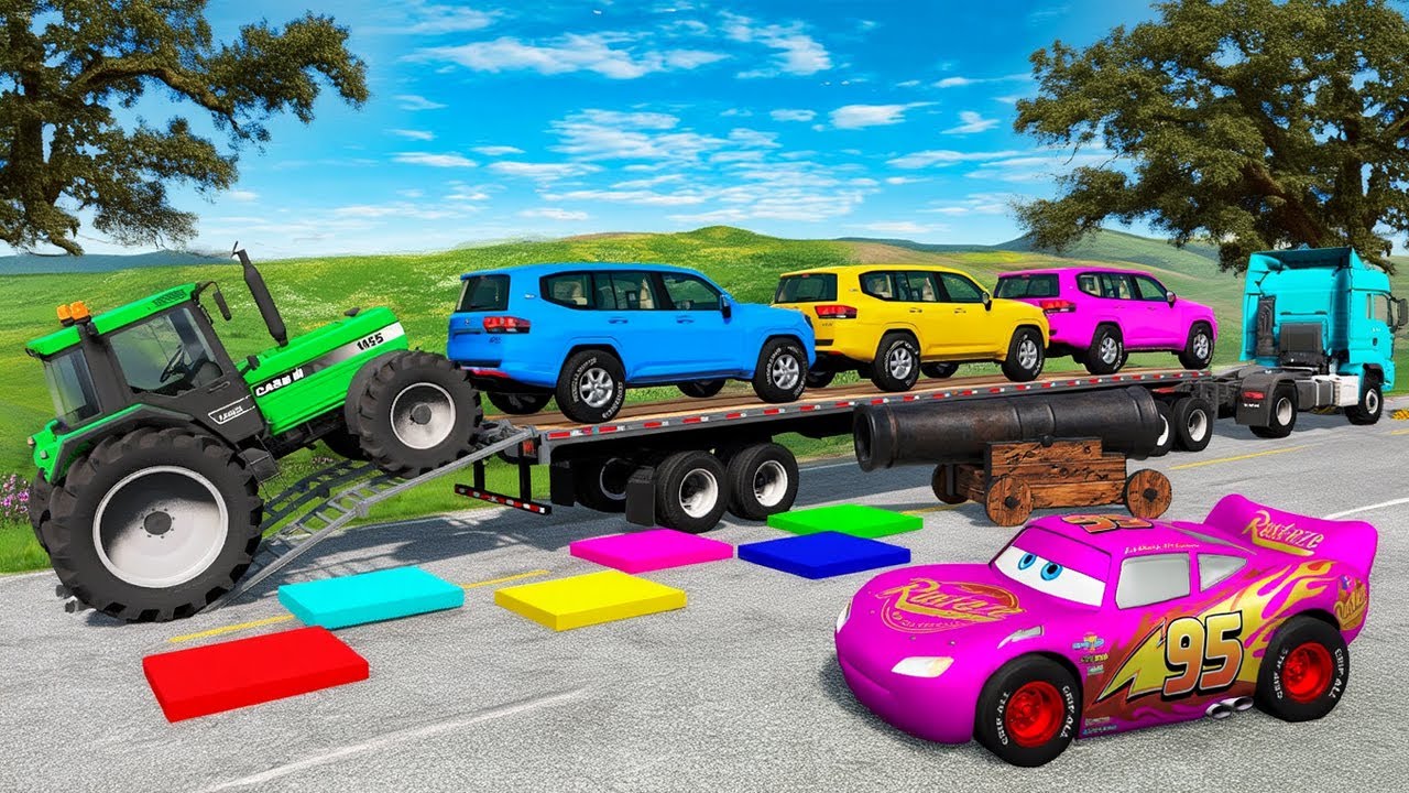 Flatbed Truck McQueen | Transportation with Truck - Pothole vs Car #4 | BeamNG.Drive Gameplay