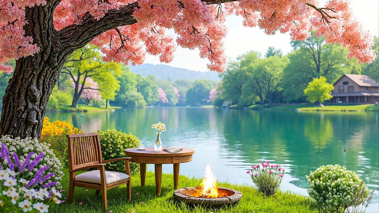 Весеннее цветение на берегу озера 🌸 Нежные звуки фортепиано и костра для чтения