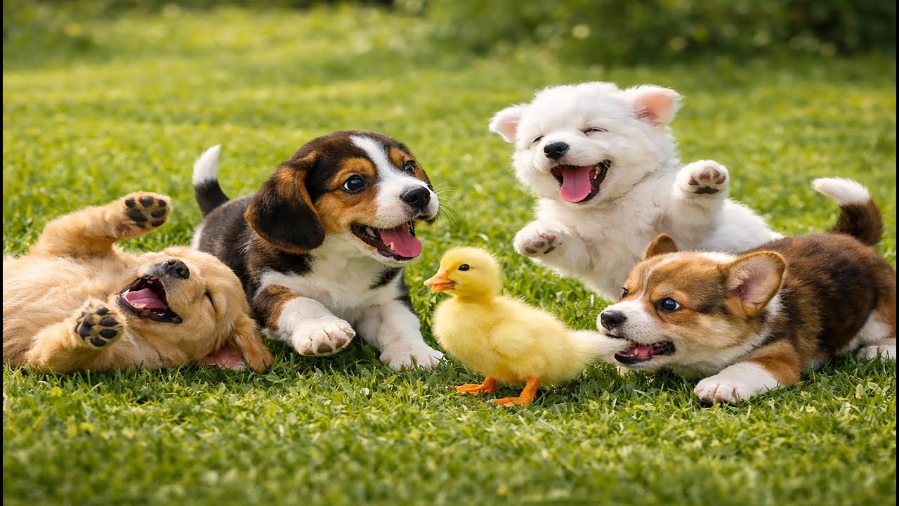🐶💚 Beautiful Puppy Family Playing Together on Green Grass  | Relaxing Dog Sounds | Cute Dog Barking