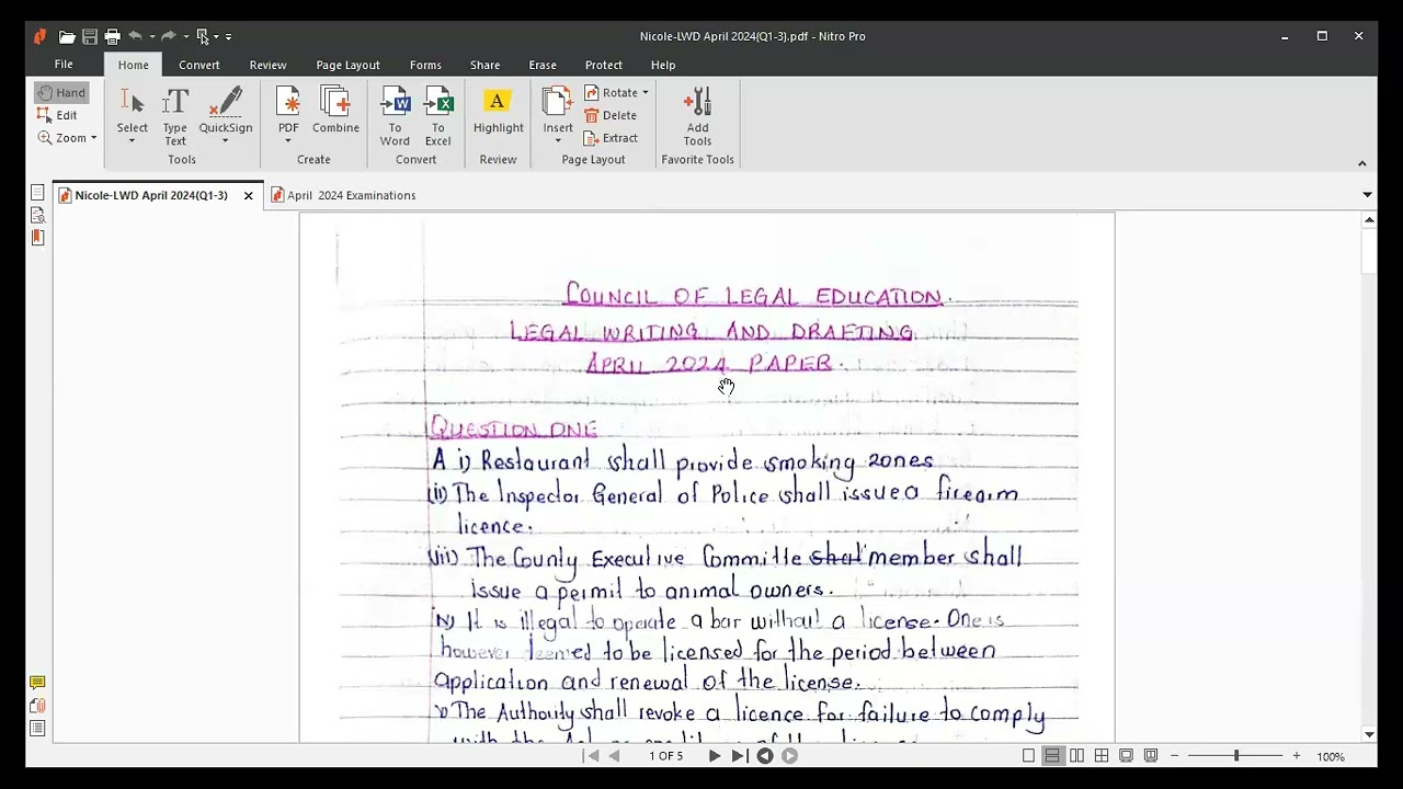 Legal Writing and Drafting April 2024 Past Paper Part 1