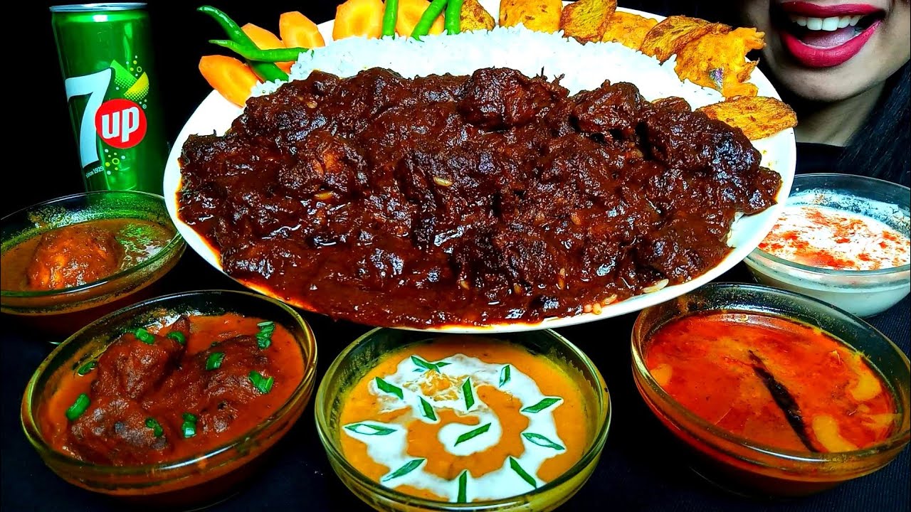 ASMR:EATING EXTREME SPICY MUTTON LAAL VUNA,DAL MAKHANI,PAKORA CURRY,DAL TADKA,EGG CURRY|HUNGRY GIRL