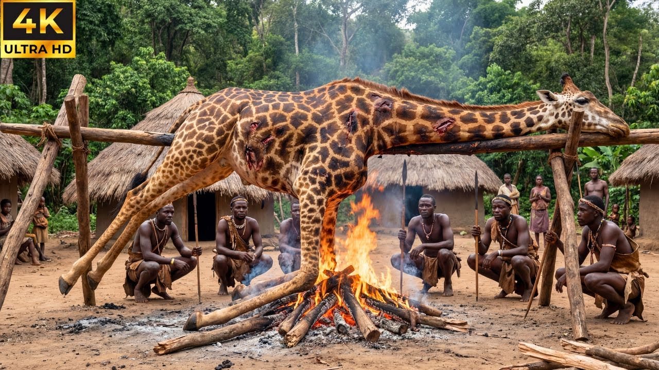 Kmen Hadzabe chytá do pasti velkou africkou žirafu a zajišťuje si jídlo na týdny.