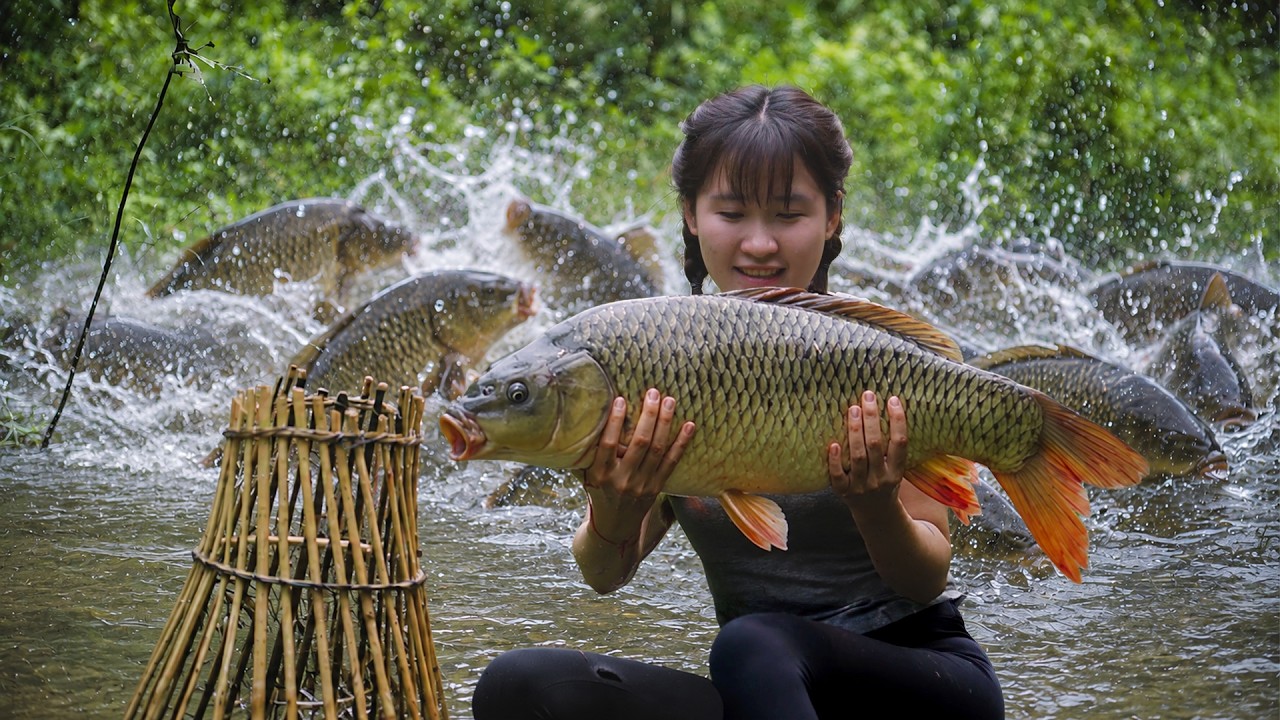 [TIMELAPSE] Fishing a Giant Carp by Hand in a Wild Forest Pond | Massive Splashing Catch