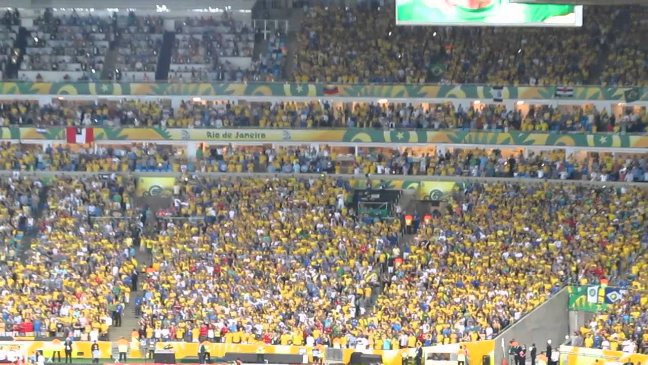 The Crowd at Maracanã sings the Brazilian National Anthem before the 2013 Confederations Cup final