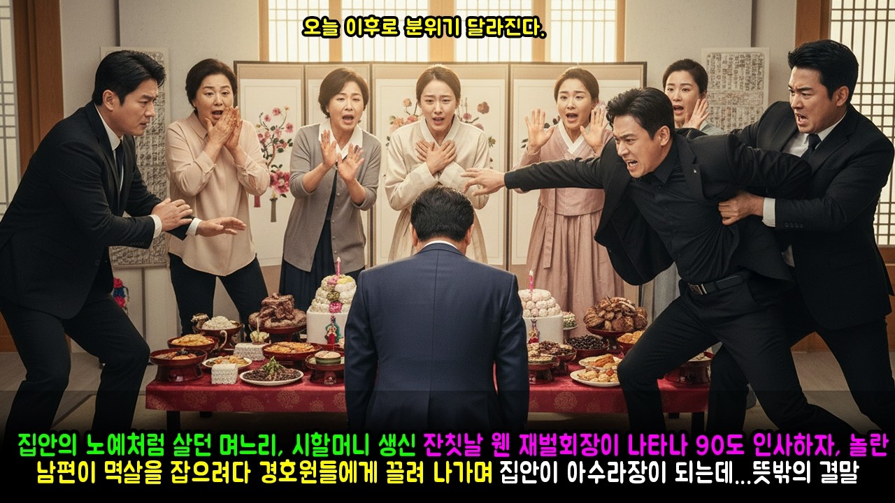 집안의 노예처럼 살던 며느리, 시할머니 생신 잔칫날 웬 재벌회장이 나타나 90도 인사하자, 놀란 남편이 멱살을 잡으려다 경호원들에게 끌려 나가며 집안이 아수라장이 되는데...
