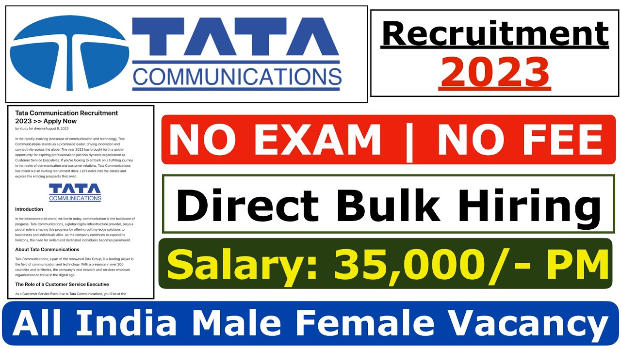 Tata Communication Recruitment 2023 | Tata Jobs 2023 | Salary ₹35,000/- | Fresher Jobs 2023