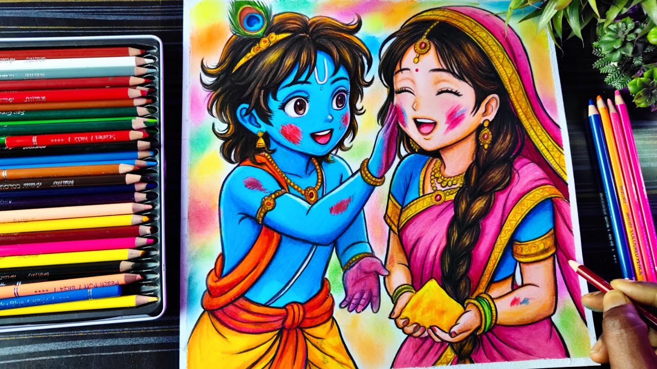 Radha Krishna Holi Drawing Colour ❤️‍🩹, Radhakrishna Playing Holi Drawing Animestyle (Colour Part 2)
