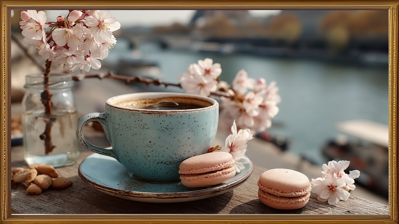 Coffee Cup in Paris Art Screensaver Best Morning Frame Tv Art, Golden Frame