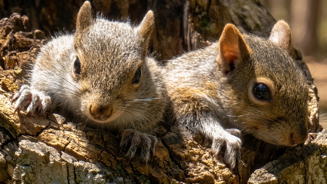 Juvenile Squirrels Playing Out of Nest