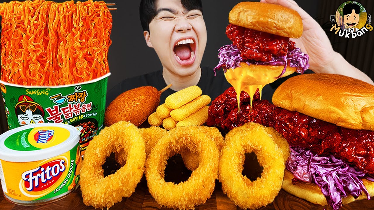 ASMR MUKBANG | гамбургер, Сырная палочка, Огненная лапша, хотдог рецепт блюда принимать пищу