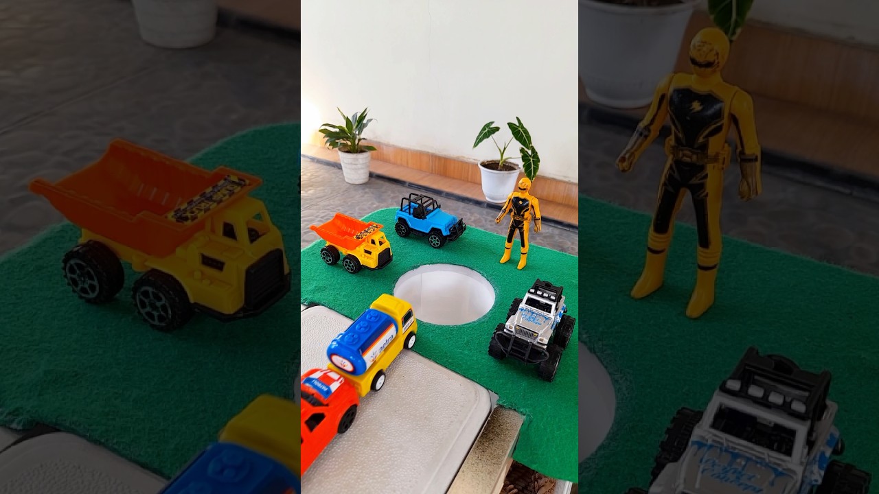 Monster car pushing police car and oil truck in pit