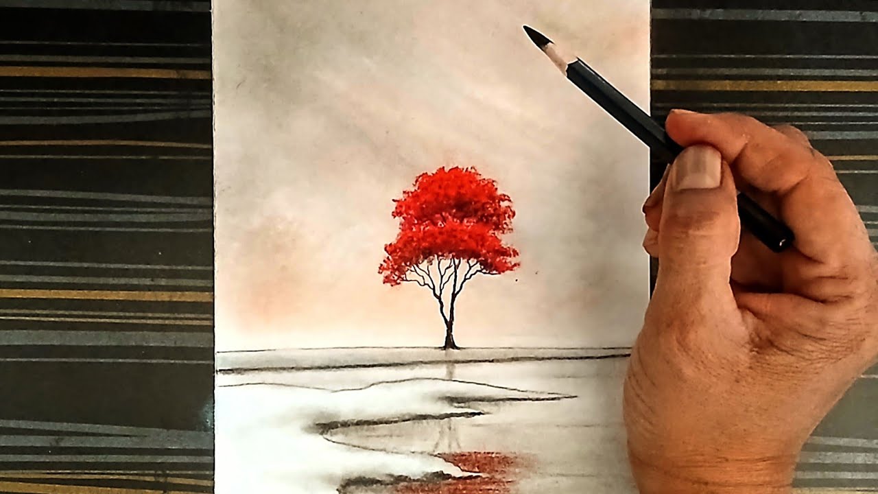 Red leaves mepal tree landscape drawing step by step with pencil.