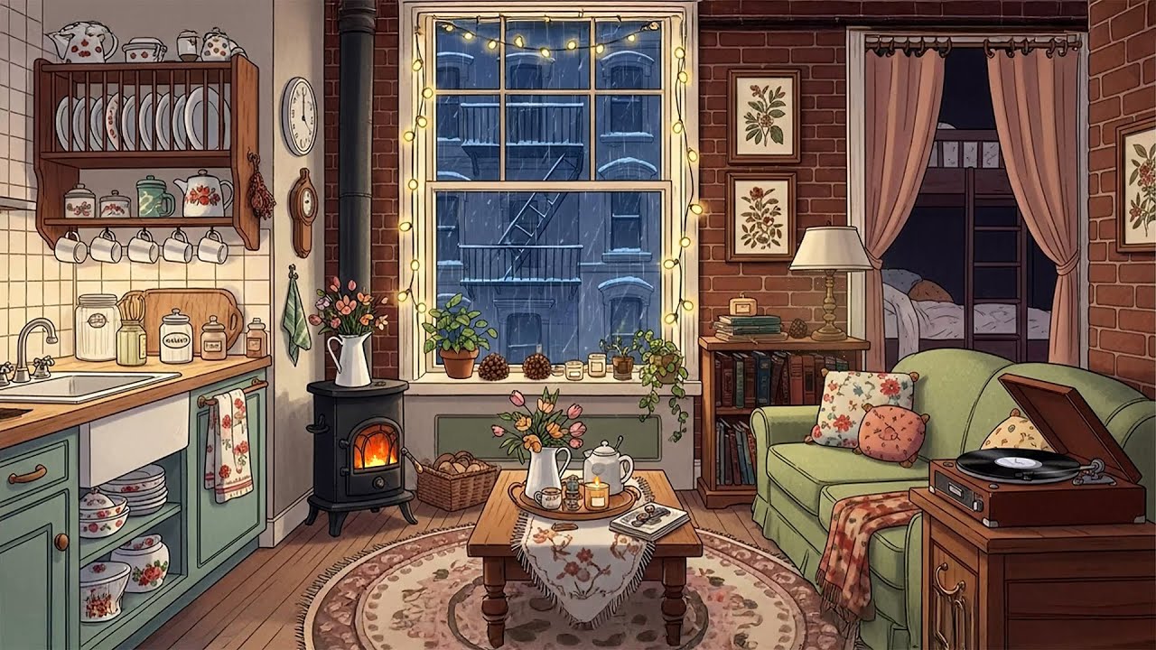 Relaxing rain New York City in a cozy apartment with Oldies Playing in Another Room