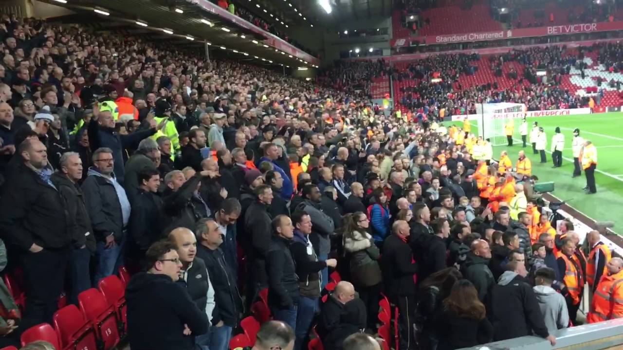 Liverpool-Man United, 10/17/16, Anfield.  Man United fans post game