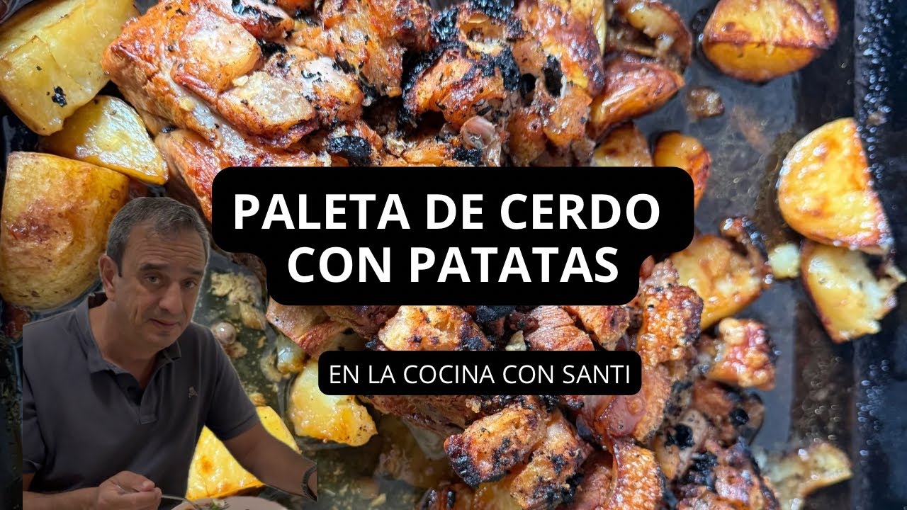 Paleta de cerdo crujiente al horno con patatas. 