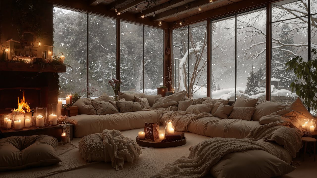 Peaceful Snowfall Night Ambience ❄️ Warm Fireplace Crackles & Soft Piano for Relaxation