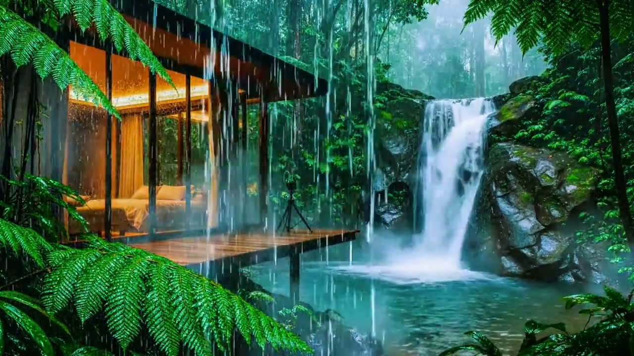 Rainforest Waterfall Cabin 🌧️💧 | Deep Sleep Rain Sounds, Relaxing Nature Ambience