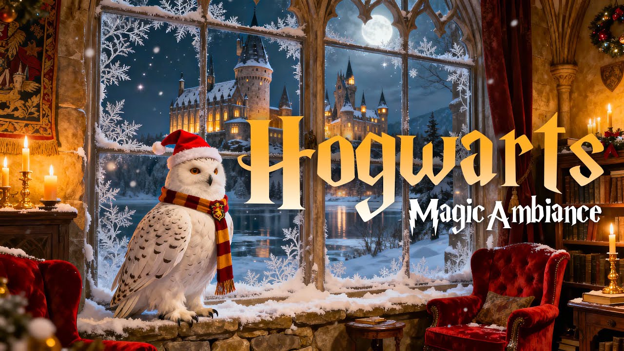 Cozy Christmas Night at Hogwarts ❄️ Warm Owl Ambience & Harry Potter Music