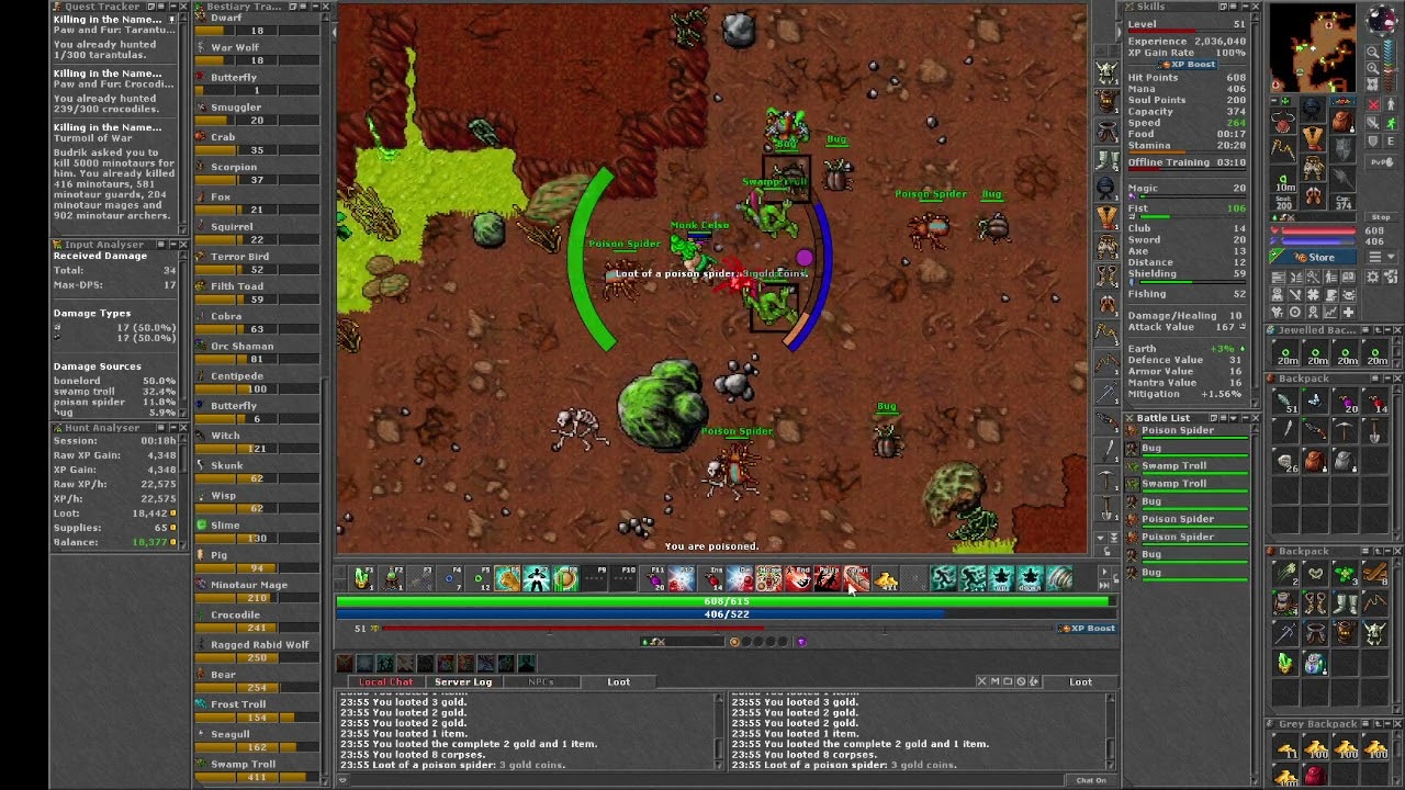 Tibia - Bestiary - Cave Swamp Troll (Port Hope) - Monk Lv51- Skills 84/59- Charm Points 483