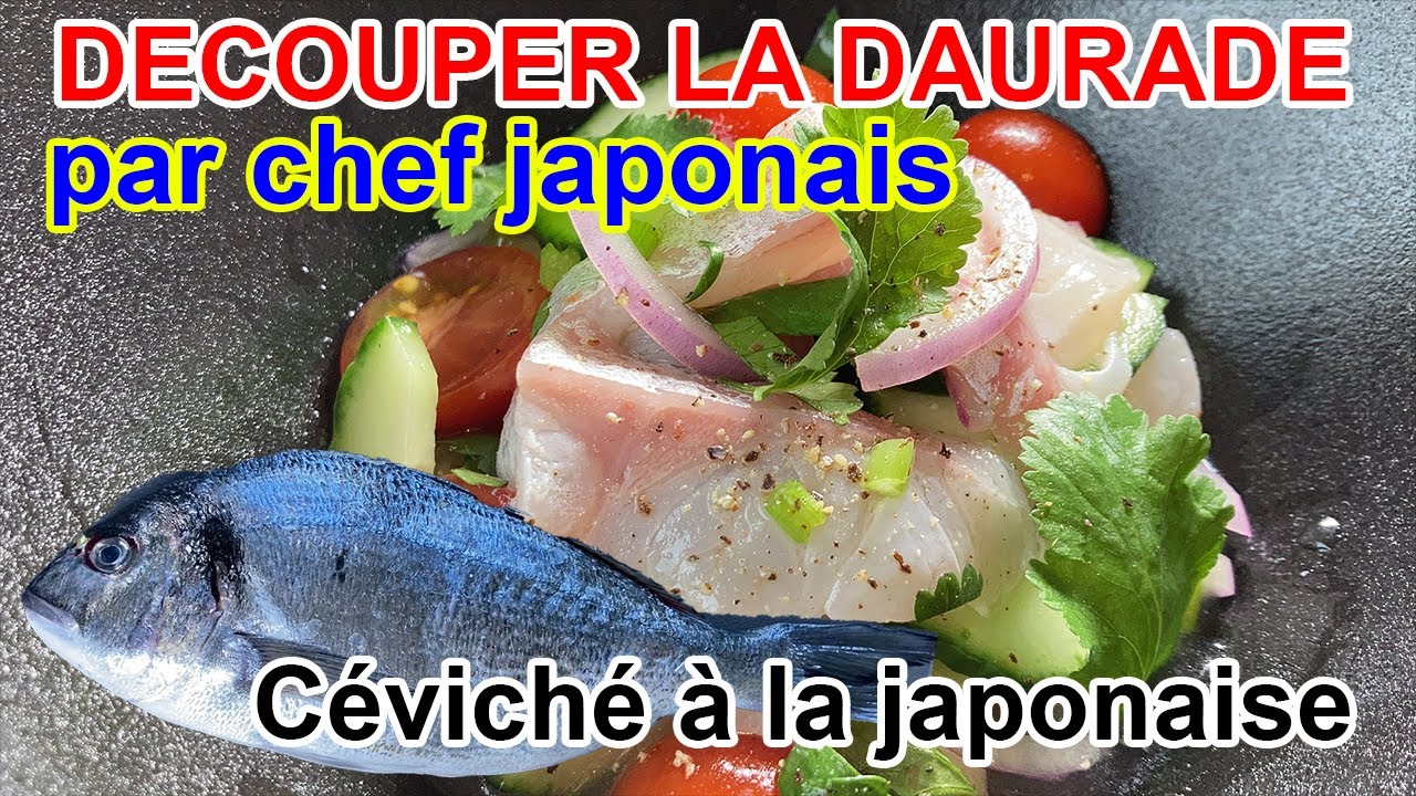 Découper la daurade pour manger à cru, céviché à la sauce japonaise