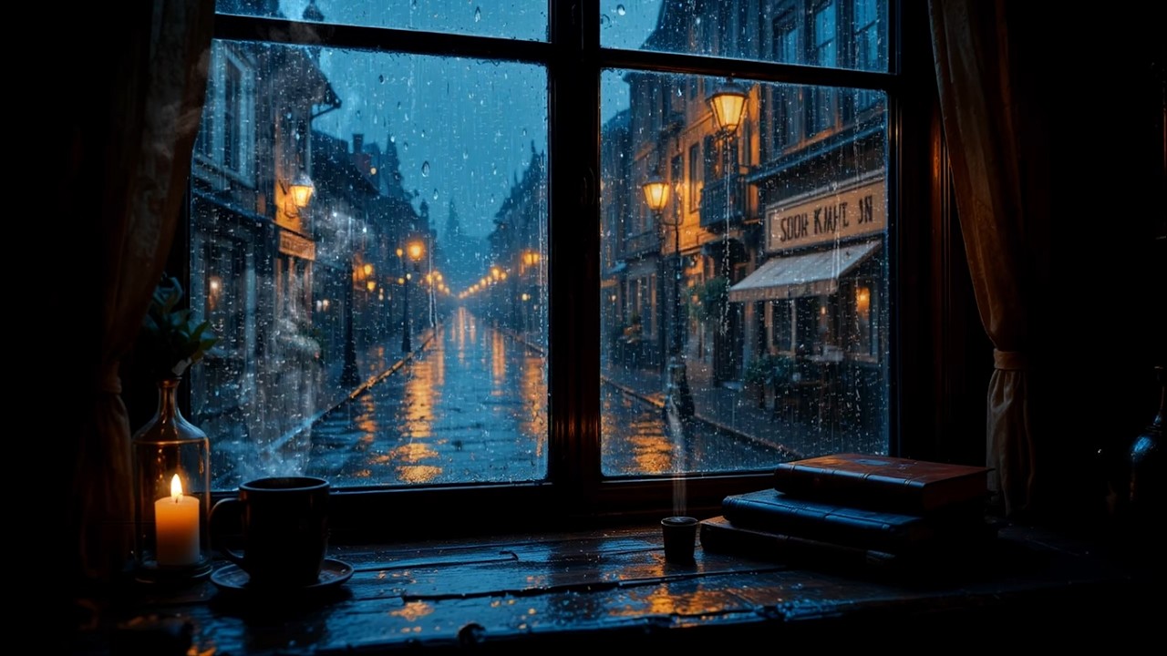 Midnight Rain & Warm Street Lamps ☕ Cozy Window View | Focus & Relaxing Study Ambience