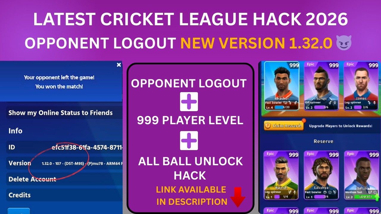 Cricket League 1.32.0 hack | Opponent Logout | Max Level Player | Max speed | Cricket league Mod