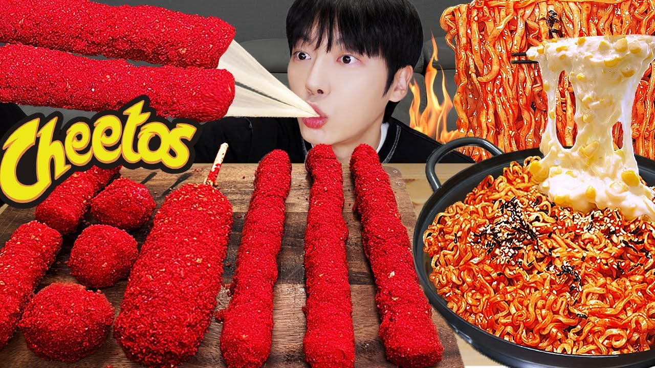 ASMR MUKBANG Рисовый пирог Cheetos, лапша с сыром, рисовая бумага, рецепт! принимать пищу