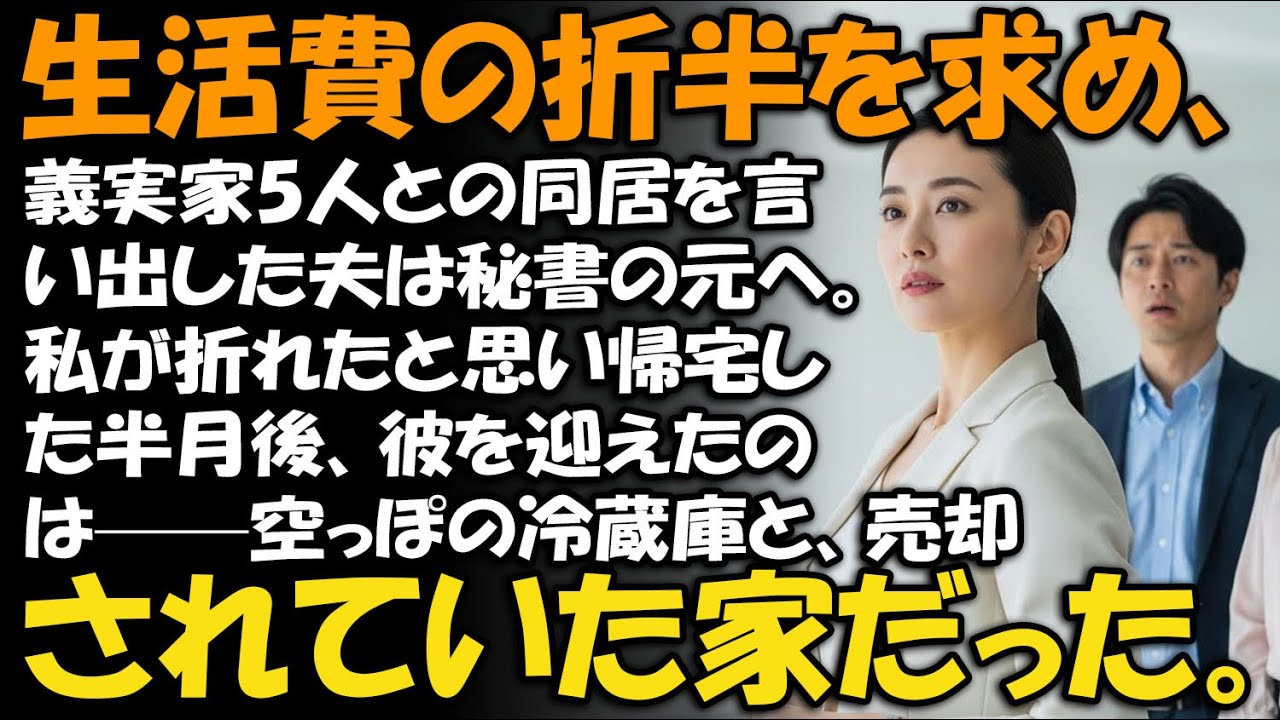 生活費の折半を求め、義実家5人との同居を言い出した夫は秘書の元へ。私が折れたと思い帰宅した半月後、彼を迎えたのは——空っぽの冷蔵庫と、売却されていた家だった。【家族ドラマ】【静かな復讐】