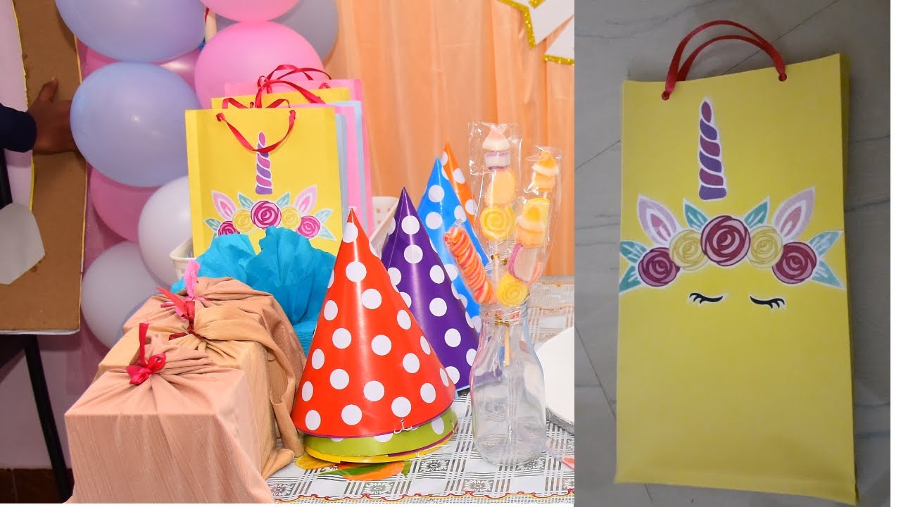 DIY unicorn theme return gift bag tutorial/easy bag tutorial for birthday party/cheap paper bag