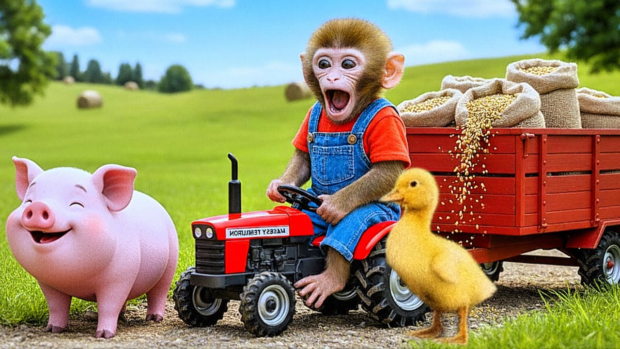 Monkey Nana drives a tractor & Duckling To Bring Feed To Pigs  - NANA MONKEY LIFE | CoCo Farm