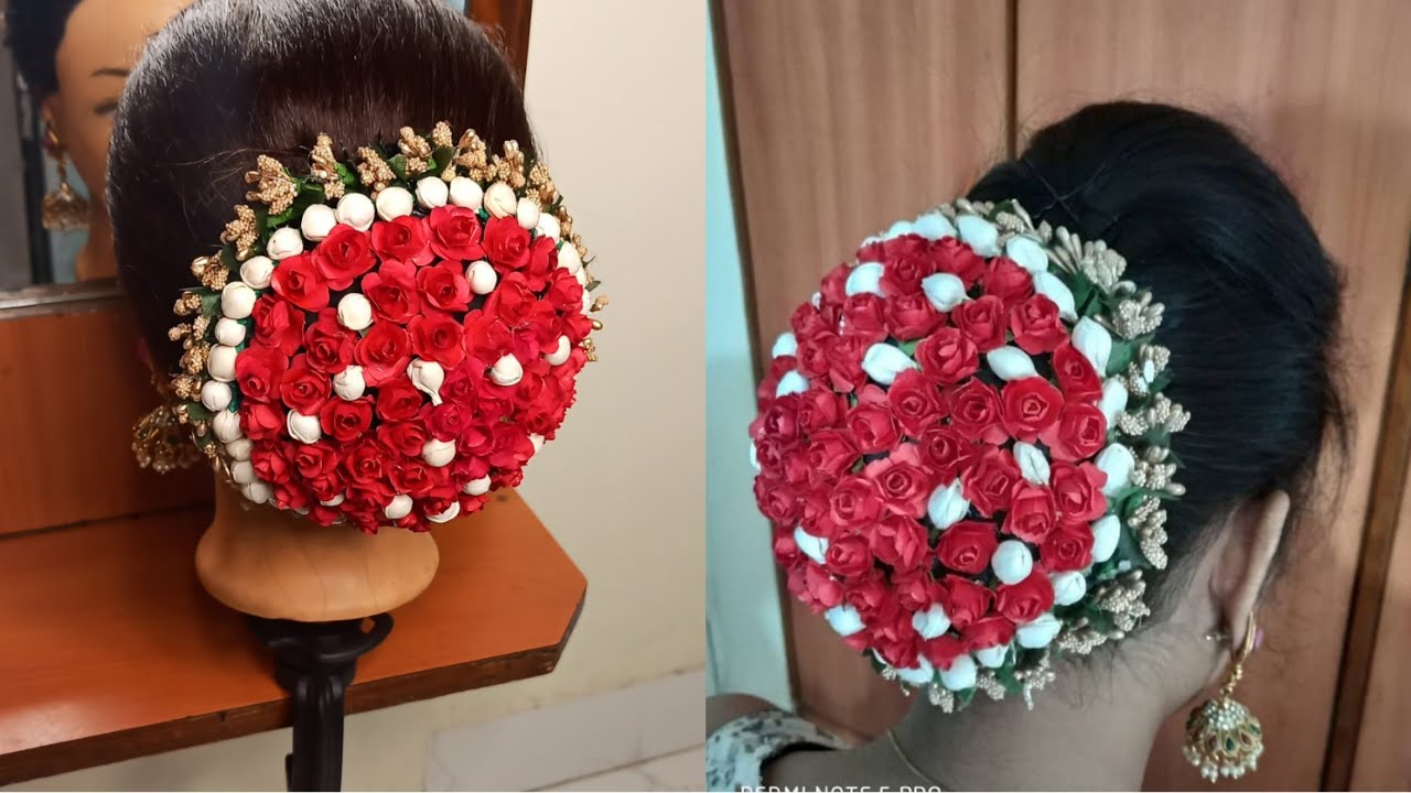Beautiful red flower hair bun || bridal accessories at home || Beauty With Manisha