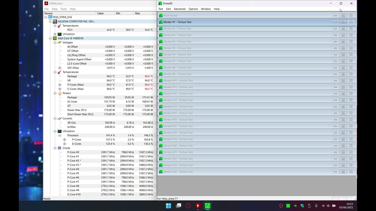 ASUS ROG STRIX G16 2024 - i9-14900HX Prime95 Multi-Core Temperature Test