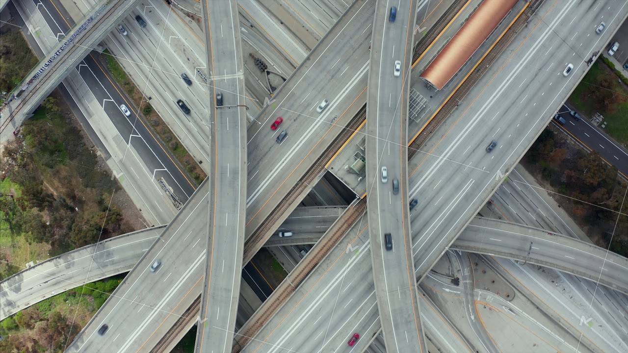 AERIAL: Spectacular Overhead Shot of Judge Pregerson Highway showing multiple Roads, Bridges