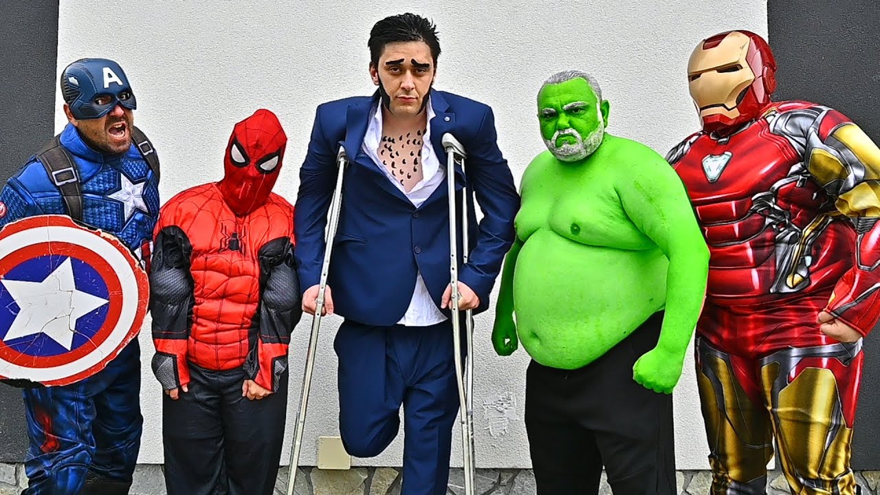 Superheroes Help Man On Crutches