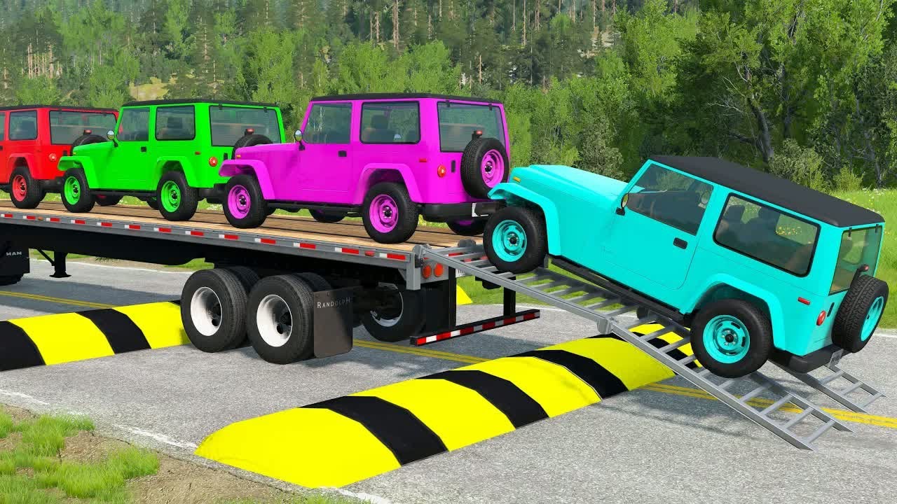 Flatbed Trailer McQueen Transportation with Truck - Speedbumps vs Cars vs Train - BeamNG.Drive #57
