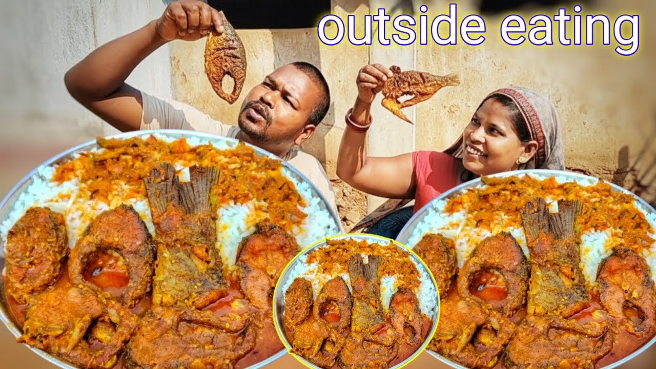 eating show | unique fish curry cooking eating show | outside fish curry rice eating show