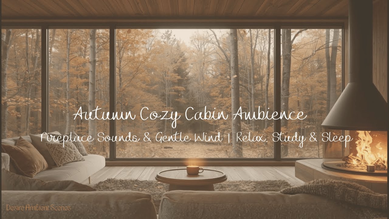 Autumn Cozy Cabin Ambience 🍂 | Fireplace Sounds & Gentle Wind | Relax, Study & Sleep