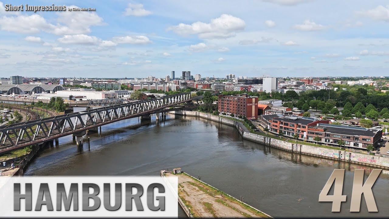 Hamburg, Germany: Billhafen, Brandshofer Deich, Eisenbahnbr&uuml;cken - Vorw&auml;rtsflug - 4K UHD - 0217