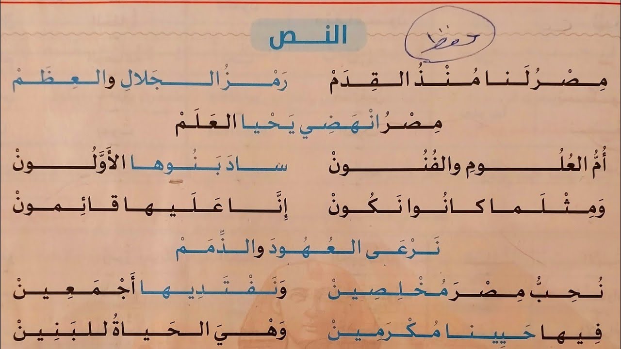 الوحدة الاولى،النص الشعرى(مصر لنا منذ القدم)،لغة عربية للصف الرابع الابتدائى.الترم الثانى