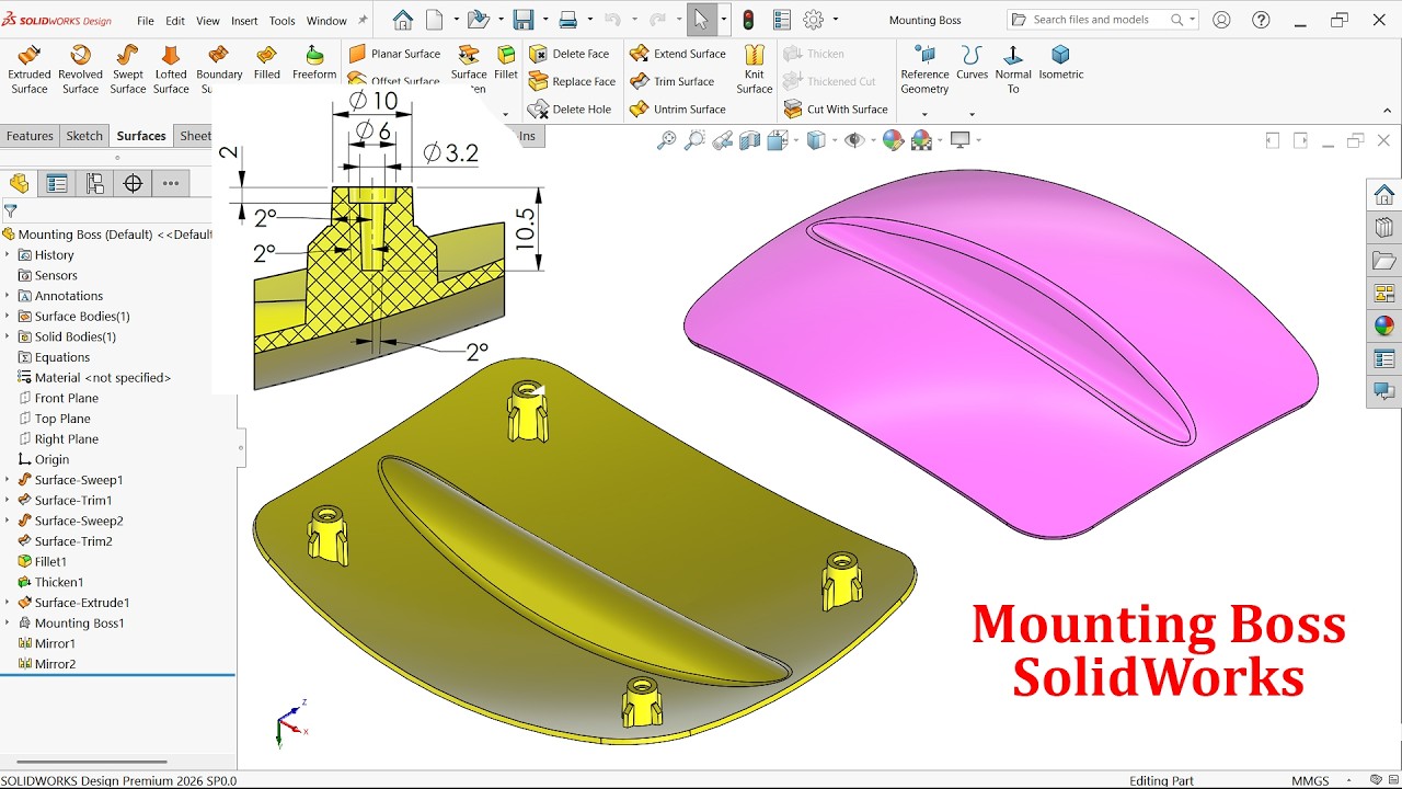 Функция SolidWorks Surface Exercise-Mounting Boss