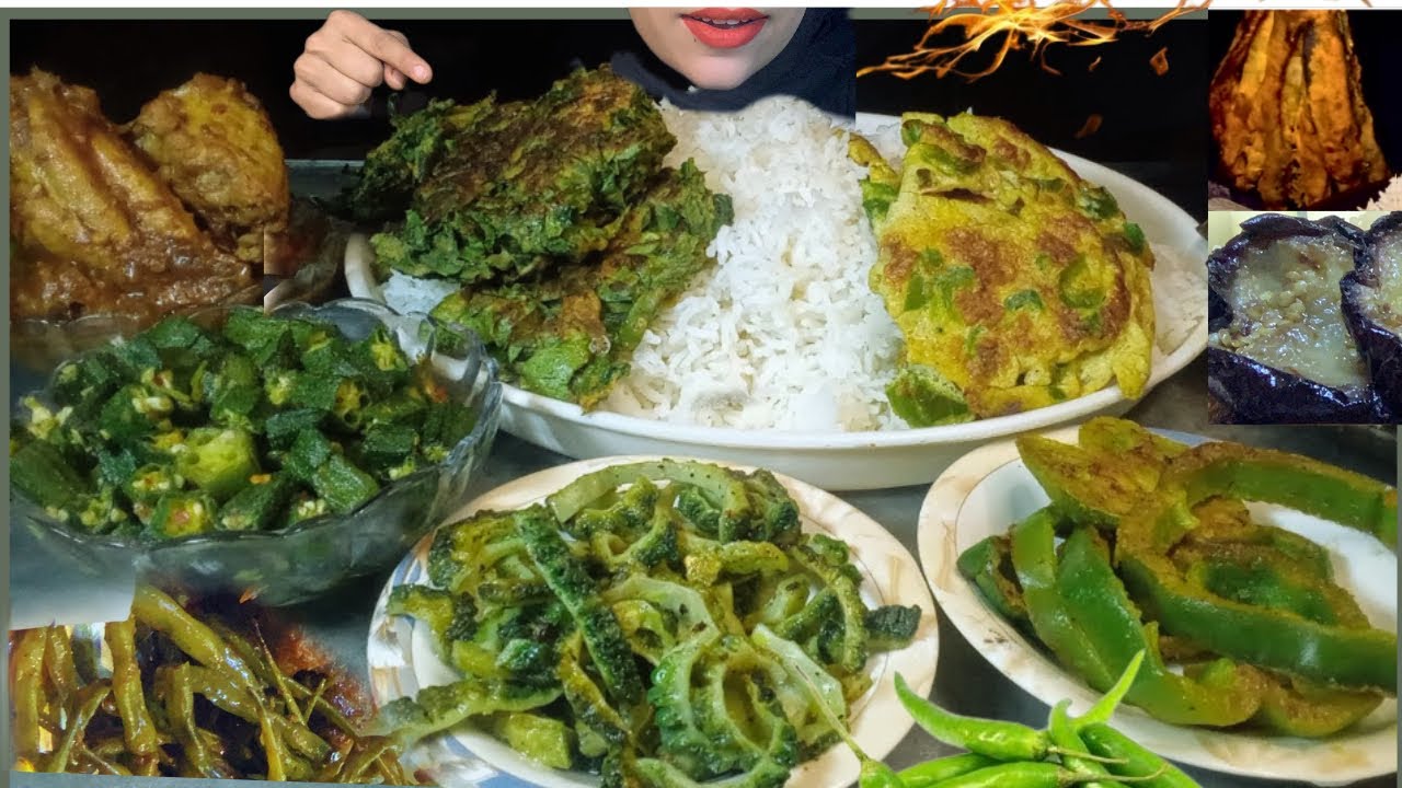 Eating Green Veggies fry | Fry bengan, Fry bhindi,fry capsicum,palak pakora,Chicken Masala Omelette 