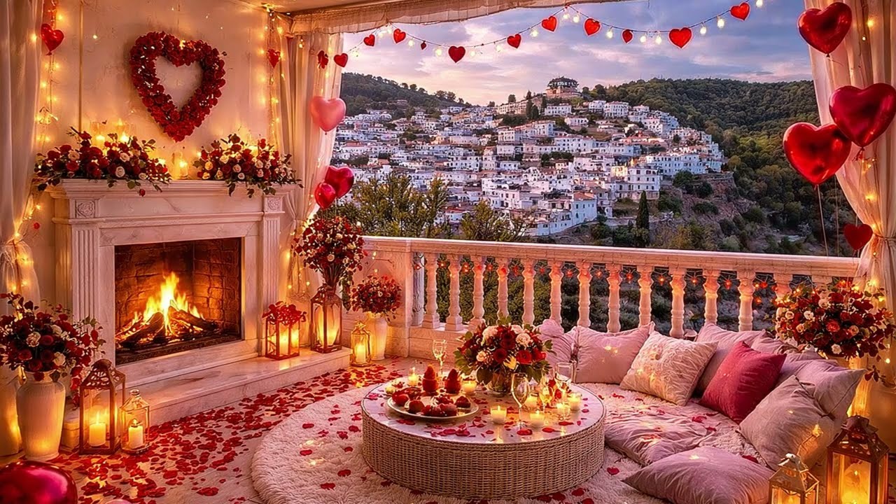 8 Hours Cozy Valentine Sleep ❤️ Fireplace & Night Balcony Ambience