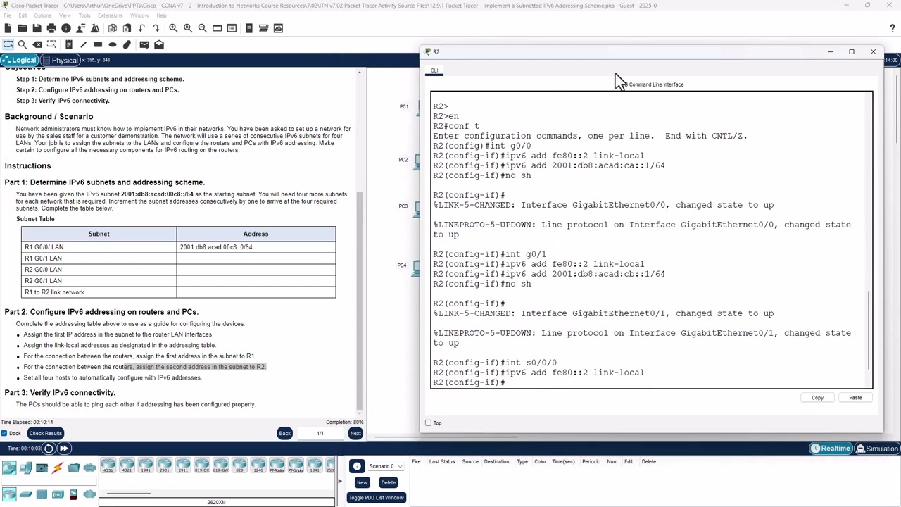 CCNA1-ITNv7 - 12.9.1 Packet Tracer - Implement a Subnetted IPv6 Addressing Scheme