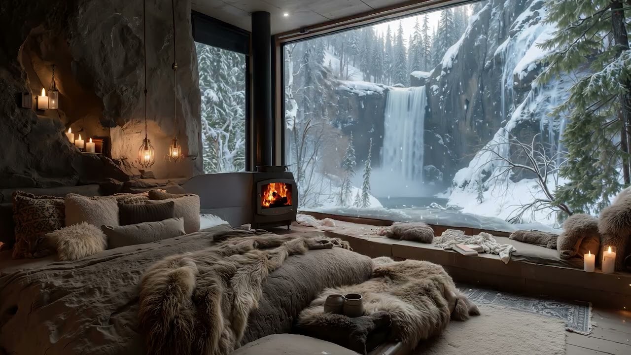 Waterfall Patio Retreat | Crackling Fireplace with Cozy Winter Ambience for Sleep & Study