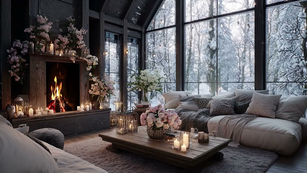 Slow Piano Music With Snowfall And Fireplace For Calm Winter Nights And Stress Relief